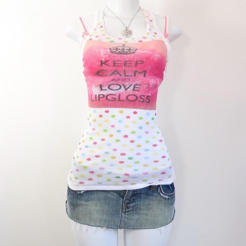 y2k lipgloss‎ graphic tank top polka dot ribbed fitted cami